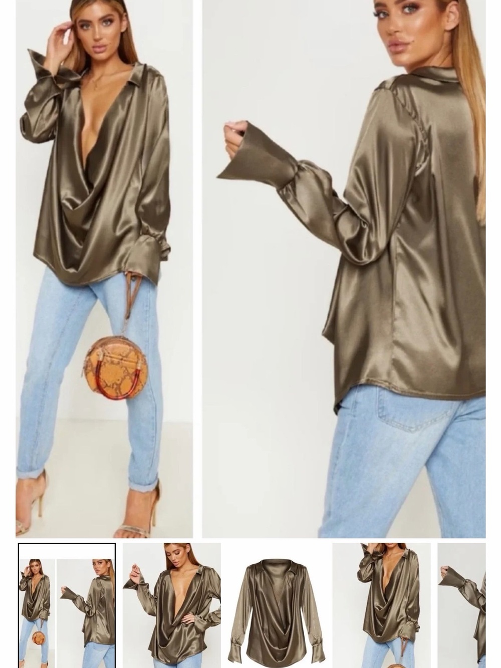 Fashion Nova Olive Satin Drape Blouse